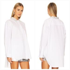 GRLFRND Alessandra Oversized Shirt with Jeweled Collar in White XS